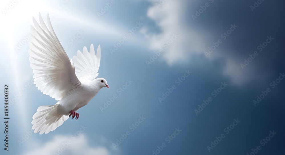 Fototapeta premium Easter dove flying in blue sky with white clouds symbolizing peace and freedom on easter sunday morning