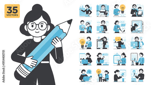 A comprehensive flat design illustration set featuring diverse business professionals engaged in creative work, collaboration, and generating innovative ideas for modern projects