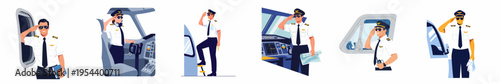 Collection of professional airline pilot illustrations featuring male and female captains in uniform, saluting and working in the cockpit of an airplane.