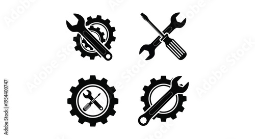 Collection of four black vector graphic icons representing mechanical tools, maintenance, and engineering concepts