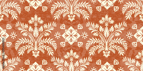 floral pattern vintage ethnic modern embroidery texture boho design vector illustration hand drawn orange flower motif branches leaves wallpaper seamless background border.