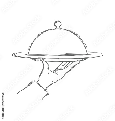 Vector of a hand holding a covered serving dish with a cloche lid