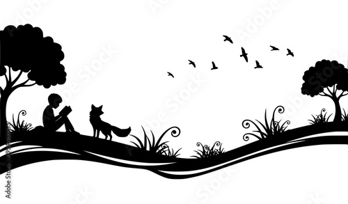 Fantasy Forest Silhouette Boy Reading Book with Fox and Flying Birds Banner Design