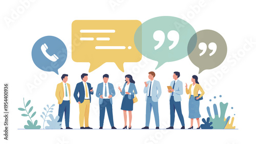 Business people in a discussion, communicating with speech bubbles and phone icon, clean minimalist illustration for business and communication concepts