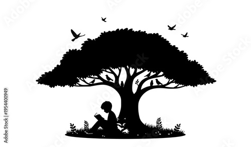 Silhouette Child Reading Under Tree with Fox and Birds Nature Vector Illustration