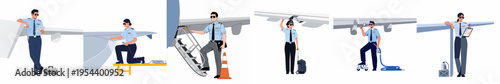 Flat illustration collection of professional airline pilots performing pre-flight inspections, maintenance, and preparations around a commercial aircraft wing and stairs.