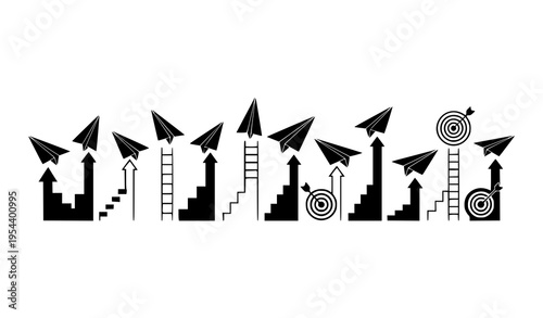 Paper airplane silhouettes reaching higher targets and steps vector set