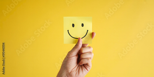 Konstfotografi Hand holding yellow sticky note paper with happy smiling face on bright yellow b