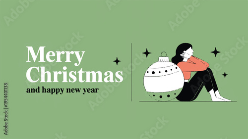 Merry Christmas and Happy New Year greeting card with a minimalist illustration of a woman and a bauble on a sage green background