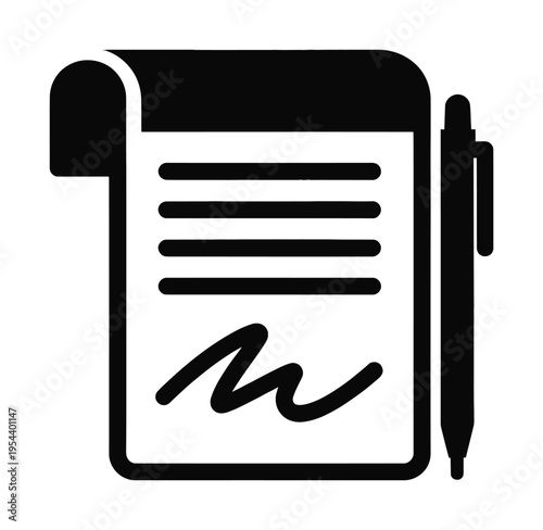 Vector icon depicting a document with a signature and a pen placed beside it