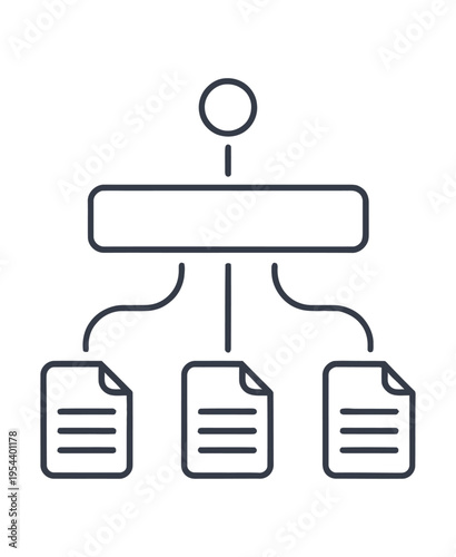 Vector icon showcasing a hierarchical organization chart with three document sections connected to a central node