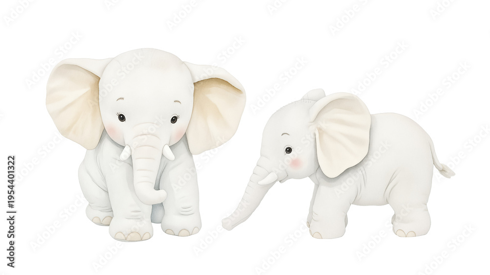 Obraz premium Two cute baby elephants watercolor illustration isolated on a transparent background