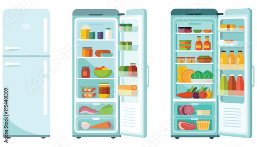 Refrigerator vector illustration with various food items inside and closed