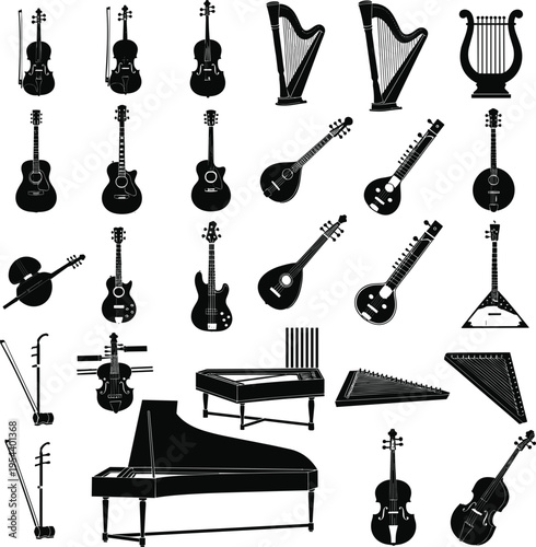 String Musical Instruments Icon Set with Violin, Guitar, Harp, Piano, Mandolin, and Traditional Instruments for Music and Education Design