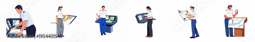Vector illustration set of ship captains and maritime officers navigating with maps, compasses, and control bridge panels on white background.