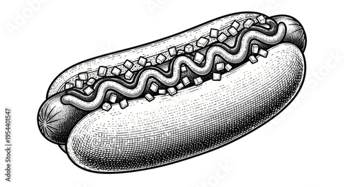 Vintage Hot Dog with Mustard and Onions Engraving Style Illustration