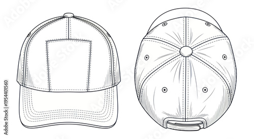 Baseball Cap Front and Back View Sketch, Fashion Design Illustration