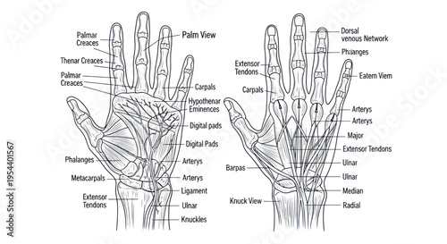 Anatomy of the Human Hand: Palm and Dorsal Views with Labels