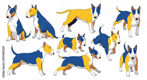 Bull Terrier Dog Poses Collection, Playful Cartoon Style Vector Illustration