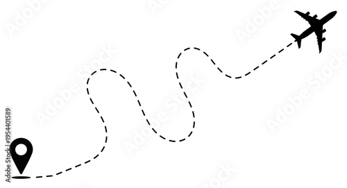 Airplane Curved Flight Route with Dotted Line and Location Pin Pointer - Travel Path Concept
