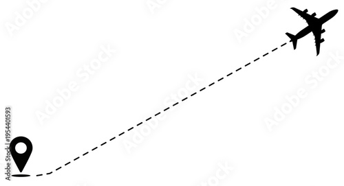 Airplane Straight Flight Route with Dotted Line and Location Pin Pointer - Travel Concept
