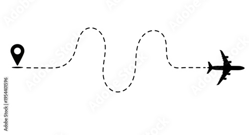 Airplane Zigzag Flight Route with Dotted Line and Location Pin Pointer - Travel Path Concept
