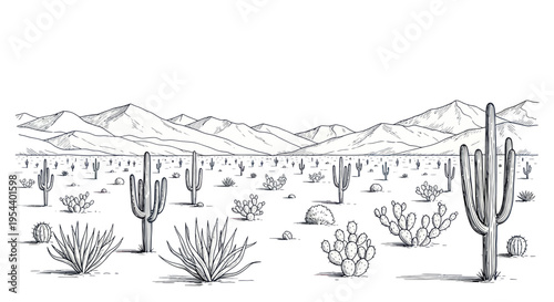 Desert Landscape with Cacti and Mountains - Hand Drawn Illustration