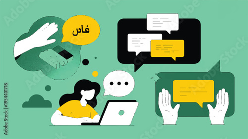 Minimalist digital illustration showing a woman communicating online, managing feedback and navigating diverse opinions in social media discussions