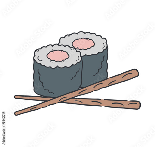Vector of two sushi rolls garnished with fish roe and served with crossed wooden chopsticks