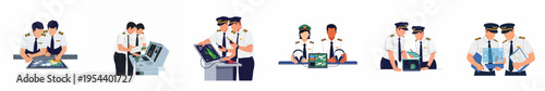Set of illustrations showing professional airline pilots working together, planning flights, and using modern navigation technology on tablets and radar screens.