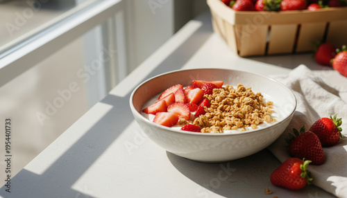 Healthy Breakfast Bowl with Fresh Ripe Strawberries, Yogurt, and Granola on Kitchen Counter, Natural Light, Wellness Lifestyle