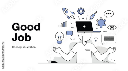 Minimalist digital illustration symbolizing 'Good Job' achievement, online productivity, creative thinking, and successful business outcomes