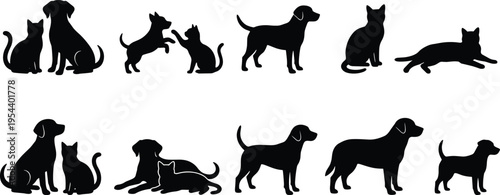 Dog and Cat Silhouette Set with Cute Domestic Pets Sitting, Playing, Standing and Resting, Animal Friendship Vector Illustration Collection