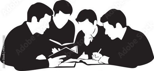 Vector illustration of four people working together at a table