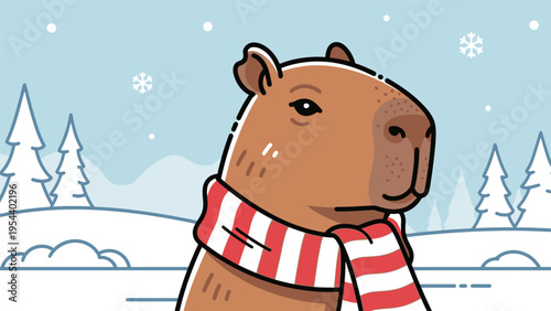 Cartoon Capybara Wearing Red White Striped Scarf.