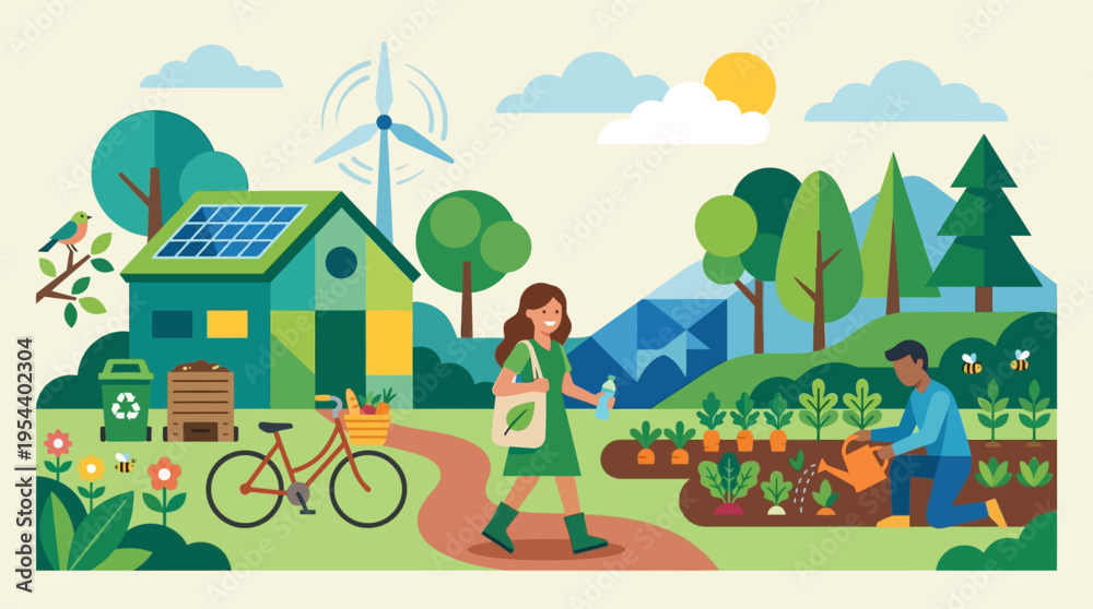 Fototapeta premium Walking woman in green dress carrying bag while a gardener tends a garden beside a solar house with bicycle and wind turbine, seen in a sunny eco‑village vector illustration from a side view