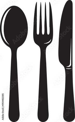 Set of 3 black utensil icons vector, spoon, fork, knife