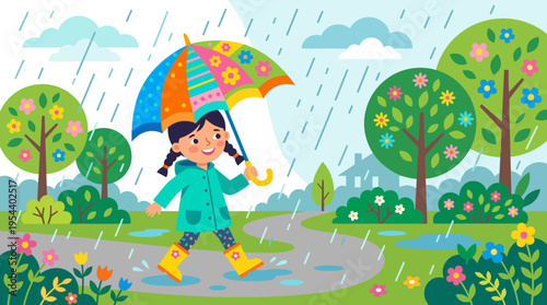 Illustration of a girl with braids in a teal raincoat and yellow boots, holding a multicolored umbrella, walking a winding garden path under soft rain in a pastel park scene