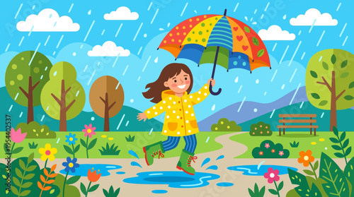 Easter celebration scene with a white bunny holding a yellow egg beside a wicker basket topped with a pink bow, surrounded by pastel flowers, eggs and a smiling sun above a grassy hill, front view