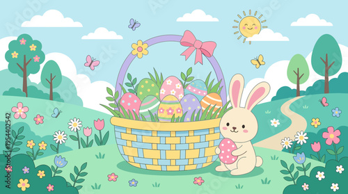 Easter scene in a meadow shows a woven basket brimming with pastel eggs, a cute bunny beside it, surrounded by blooming flowers and a bright blue sky viewed from a front perspective
