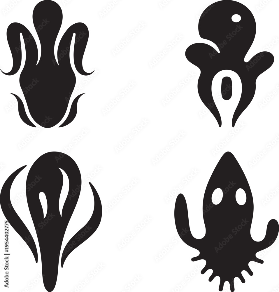 Obraz premium Set of four abstract solid black fill clean silhouette vector design octopus icons on a transparent background
