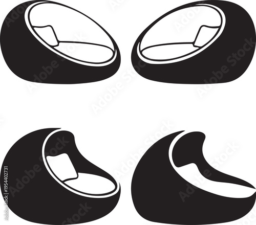 Abstract solid black fill clean silhouette vector design of modern egg-shaped chairs with cushions on a transparent background