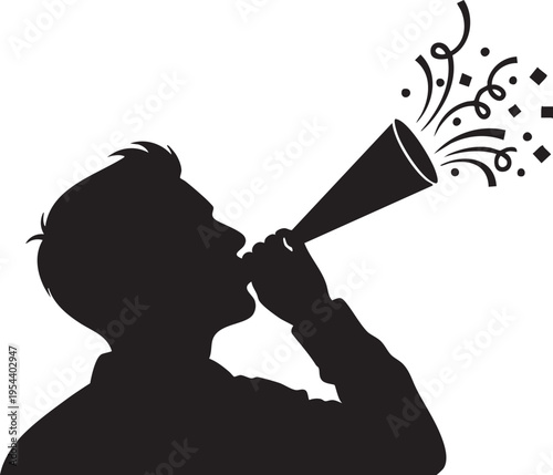 Vector silhouette of man shouting through megaphone with music notes