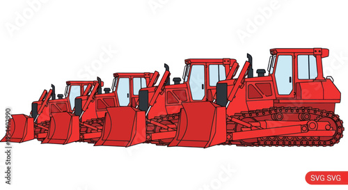 Row of Red Bulldozers Lined Up on White Background, Construction Equipment