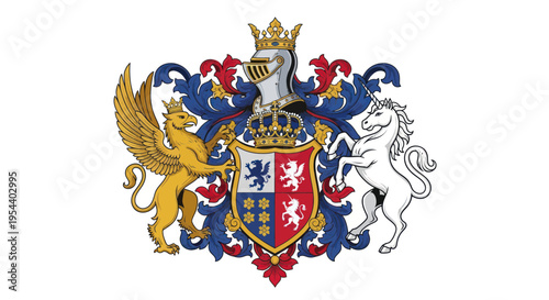 Royal Coat of Arms with Griffin, Unicorn, Helmet, Crown and Shield