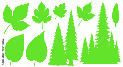 Green Leaf and Pine Tree Silhouettes Collection Vector Illustration