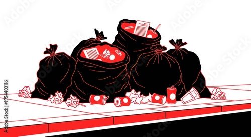 Pile of trash bags and litter on sidewalk, urban waste disposal concept