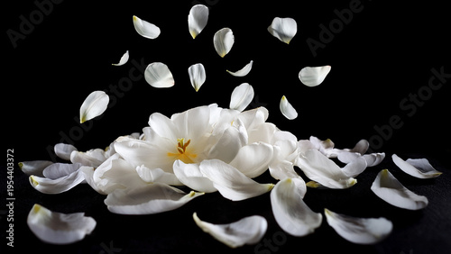 Canvastavla White Tulip Petals Floating in Air on Black Background