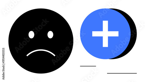 Negativity and positivity concept. Black sad face icon contrasting with blue plus symbol. Negativity and positivity emotional balance and decision-making processes. Useful for mental health
