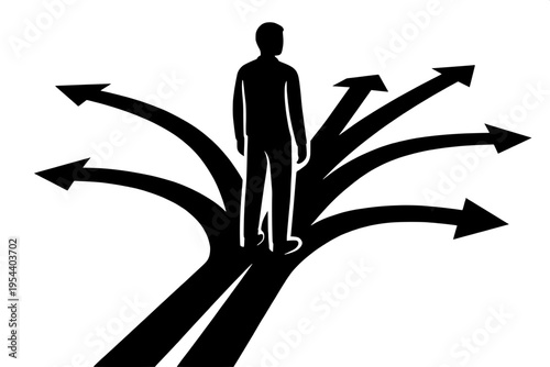 Uncertainty at crossroads with many arrows person silhouette icon